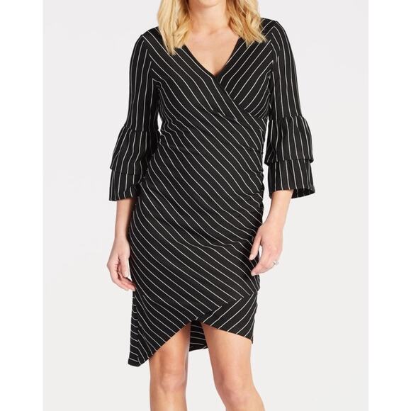 Sunday in Brooklyn Black Striped Bell Sleeve Asymmetrical Hem Classic Dress S - Picture 1 of 9